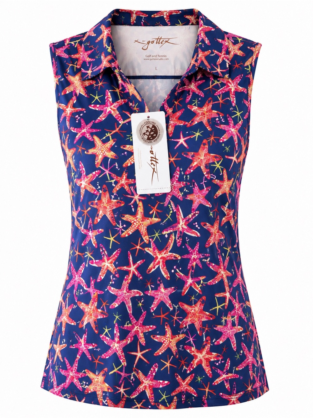341. Gottex Starfish Print Sleeveless Polo - Navy & Pink